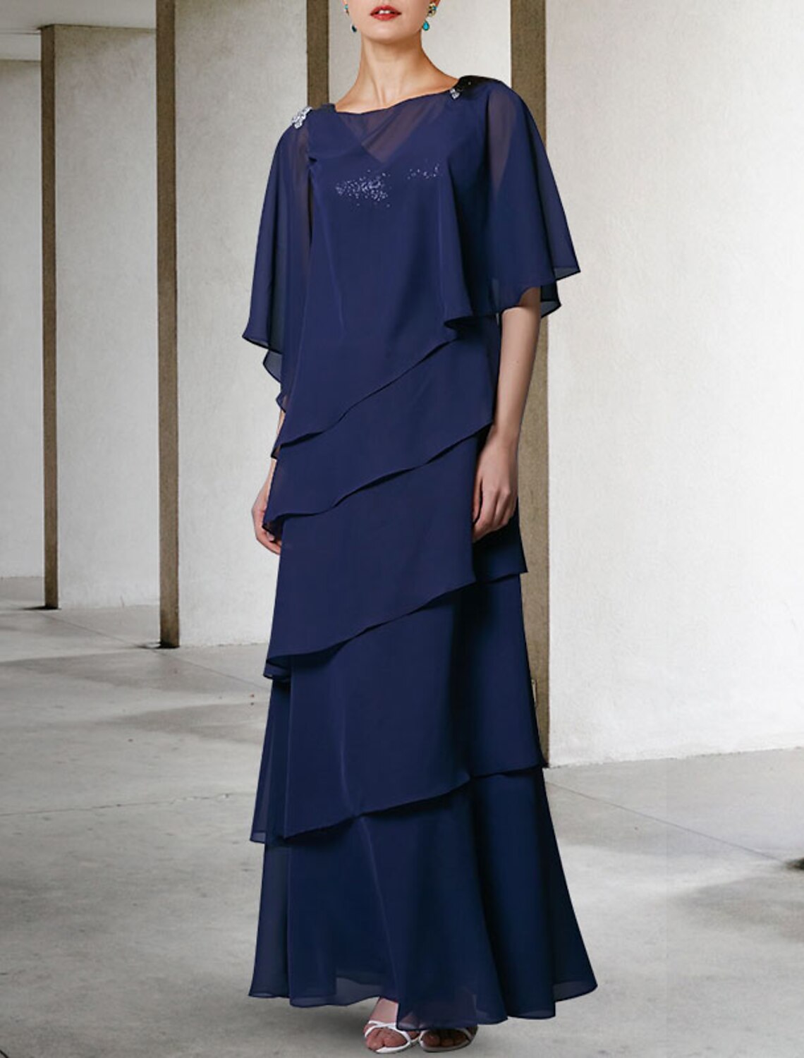 Abito da madre della sposa a trapezio, elegante, con scollo a V, lunghezza al pavimento, in chiffon con paillettes, senza maniche, con volant di paillettes inclusi